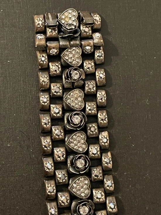 Vintage Rhinestone Heart, Starburst & 3-D Rose Silver Tone Panel Bracelet - Picture 5 of 12